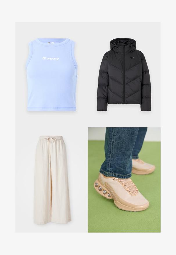 Black puffer jacket featuring a zip closure and a hood. Chevron pattern on the body, with a small white logo on the chest. Smooth texture.; Light blue ribbed tank top with a crew neckline and "roxy" logo in white across the chest; fitted design and cropped length.; Wide-leg, cream-colored trousers with an elastic waistband and drawstring. Smooth, lightweight linen fabric, no visible patterns or hardware.; Light beige athletic shoes feature a mesh upper, rubber sole, and rounded accents with metallic details. Worn with blue jeans on a green surface.