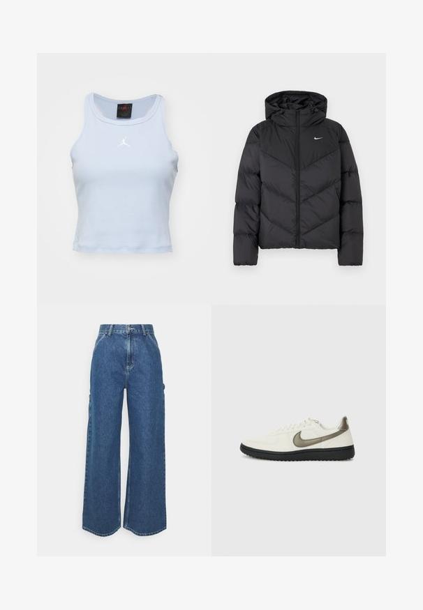 Juodas pūkinis švarkas su užtrauktuku ir gobtuvu. Kūno chevrono raštas, ant krūtinės yra mažas baltas logotipas. Glotni tekstūra.; Šviesiai mėlynas, prigludęs liemenėlė, pagaminta iš juostuotos medžiagos, turi apvalų iškirpimą ir baltą JORDAN logotipą ant krūtinės. Be rankovių dizainas.; Plačios mėlynos džinsinės kelnes su aukštu juosmeniu, kontrastingais siūlais ir šoninėmis kišenėmis, turinčios klasikinį penkių kišenių dizainą ir brutalius kraštus.; Nike Sportswear FIELD GENERAL - Sportbačiai - off-white/black