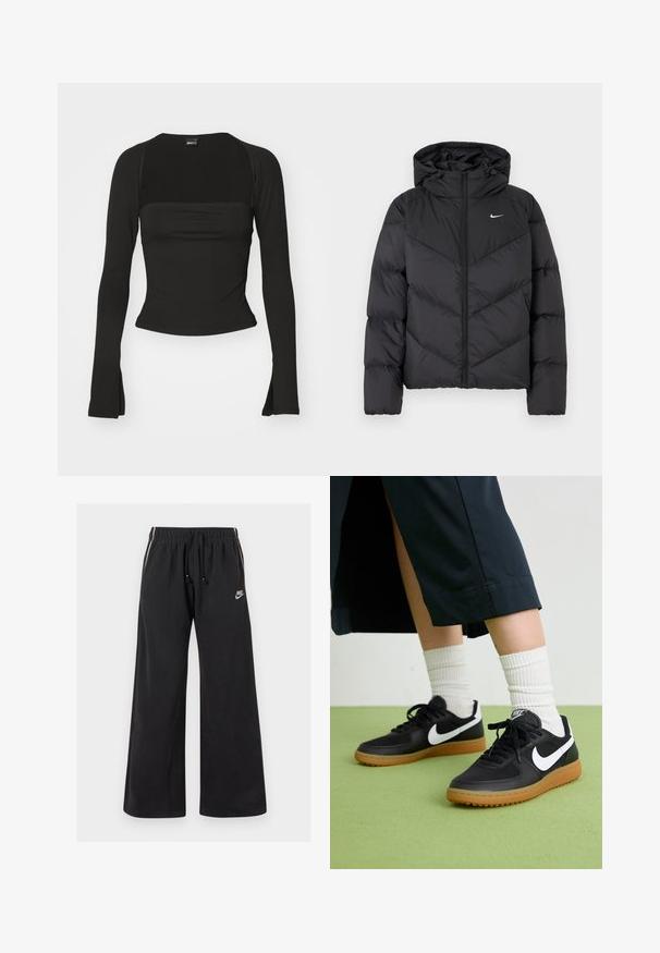 Geacă puf neagră cu închidere cu fermoar și glugă. Model în dungi pe corp, cu un mic logo alb pe piept. Textură netedă.; Gina Tricot SOFT TOUCH SQUARE NECK TOP - Bluză cu mânecă lungă - black; Pantaloni de trening negri dintr-un material moale, cu o talie elastică și șnur, dungi pe lateral și un mic logo pe partea frontală stângă.; Sneakers negre din piele și material sintetic cu logo-ul alb Nike, talpă din cauciuc, vârful rotund și șireturi negre. Șosete albe cu nervuri vizibile.