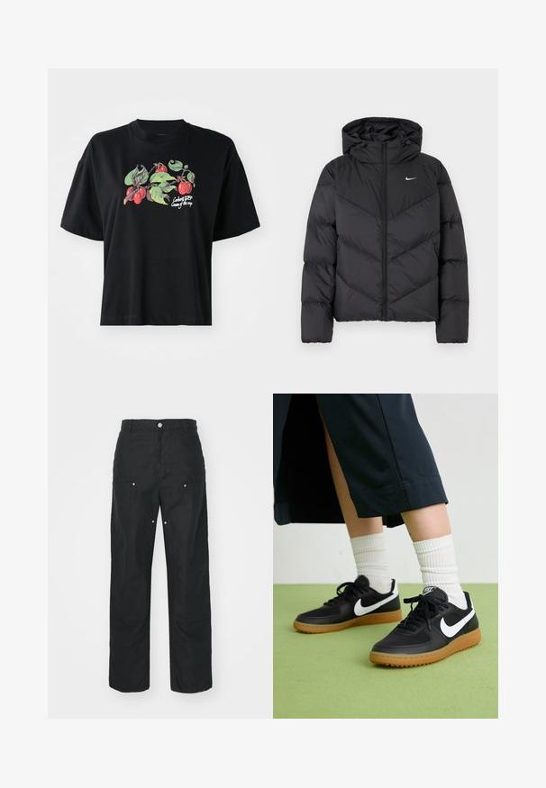 Juodas pūkinis švarkas su užtrauktuku ir gobtuvu. Kūno chevrono raštas, ant krūtinės yra mažas baltas logotipas. Glotni tekstūra.; Juoda trumpomis rankovėmis marškinėliai su spalvinga vaisių ir lapų grafika priekyje, su užrašu "Cargart WIP Cream of the crop."; Juodos kelnės su tiesiomis kojomis, pagamintos iš tekstūruotos medžiagos. Papuoštos dekoratyviniais sidabro detalėmis ir unikaliu siūlių apdorojimu.; Juodos odinės ir sintetinių medžiagų sportbačiai su balta Nike swoosh, guminis padas, apvalus pirštas ir juodi raišteliai. Matomos banguotos baltos kojinės.