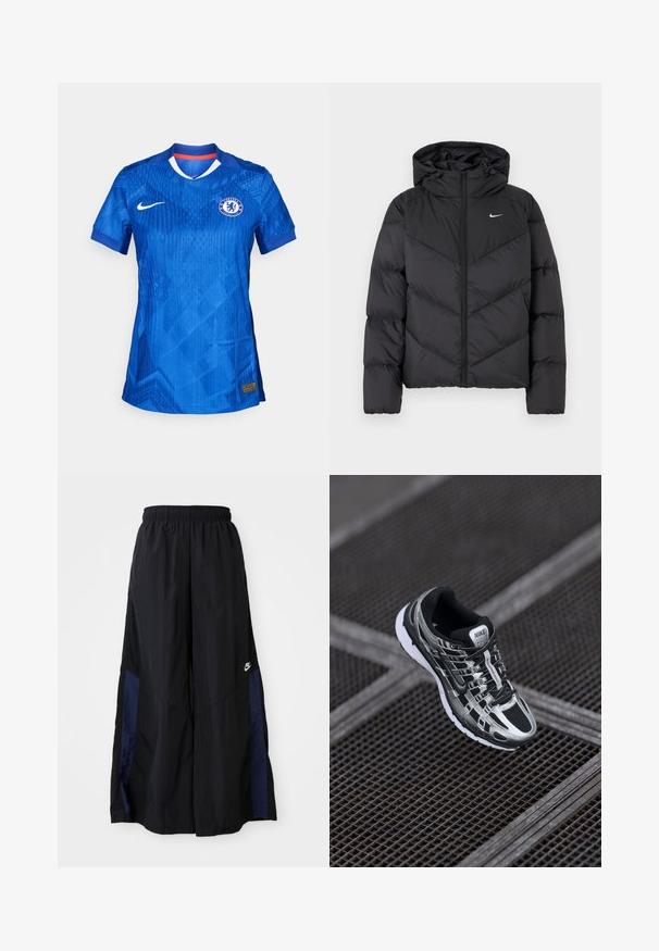 Juodas pūkinis švarkas su užtrauktuku ir gobtuvu. Kūno chevrono raštas, ant krūtinės yra mažas baltas logotipas. Glotni tekstūra.; Čelsio futbolo klubo marškiniai ryškiai mėlynos spalvos, su subtiliu geometriniu raštu, balta apykakle ir Nike logotipu priekyje.; Juodos plačios kojų kelnės, pagamintos iš lengvos medžiagos, su tamsiai mėlyna šonine juostele ir elastinga juosmens juosta. Maža balta logotipo etikete apačioje.; Nike bėgimo bateliai su juodos ir sidabrinės spalvų schema, tinklinis viršus, tekstūruota padas ir raištelių sistema saugiam prigludimui.