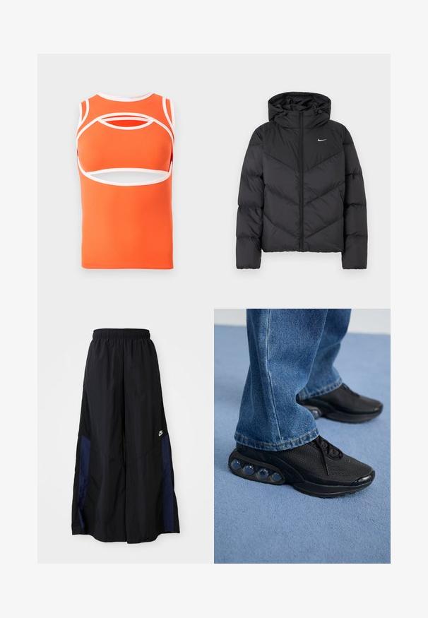 Juodas pūkinis švarkas su užtrauktuku ir gobtuvu. Kūno chevrono raštas, ant krūtinės yra mažas baltas logotipas. Glotni tekstūra.; Oranžinė be rankovių palaidinė su baltais akcentais, turinti išpjovų detalių ir priglundančio dizaino. Pagaminta iš glotnios, elastingos medžiagos.; Juodos plačios kojų kelnės, pagamintos iš lengvos medžiagos, su tamsiai mėlyna šonine juostele ir elastinga juosmens juosta. Maža balta logotipo etikete apačioje.; Juodi sportiniai bateliai su tinkliniu viršumi, tekstūruotais akcentais ir matomais oro pagalvėmis pado viduje. Dėvimi su mėlynais džinsais.