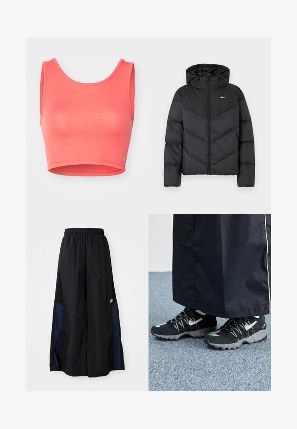Black puffer jacket featuring a zip closure and a hood. Chevron pattern on the body, with a small white logo on the chest. Smooth texture.; Pink cropped tank top made from textured fabric. Features a scoop neckline and wide armholes, with a small logo accent at the hem.; Black wide-leg pants made of lightweight fabric, featuring a navy blue side panel and an elastic waistband. Small white logo on bottom.; Black athletic shoes with a textured upper, silver accents, and a patterned outsole, paired with a black long garment. Set against blue carpet.