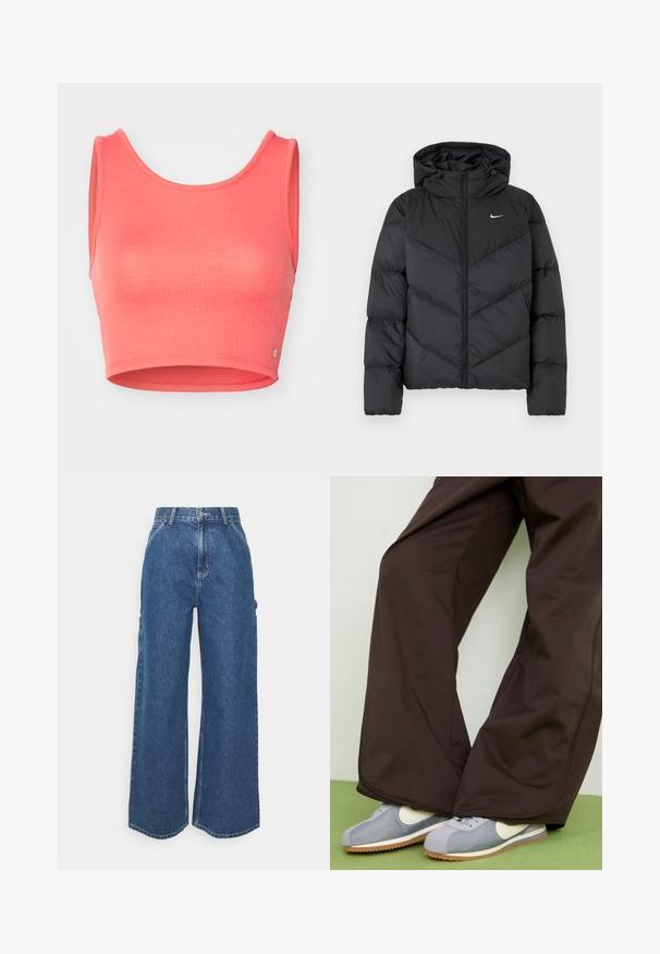 Doudoune noire avec fermeture éclair et capuche. Motif en chevrons sur le corps, avec un petit logo blanc sur la poitrine. Texture lisse.; Top court rose fabriqué à partir d'un tissu texturé. Il présente un col rond et des emmanchures larges, avec un petit logo en accent au bas.; Pantalons en denim bleu à jambes larges avec taille haute, couture contrastée et poches latérales, présentant un design classique à cinq poches et des ourlets bruts.; Pantalons larges marron avec une texture lisse et des détails sur les coutures latérales, accompagnés de baskets rétro grises et blanches avec une semelle en caoutchouc.