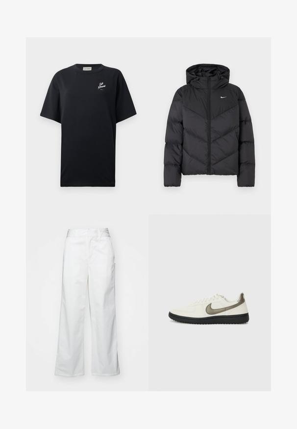 Černá péřová bunda s zipovým zapínáním a kapucí. Chevron vzor na těle, s malým bílým logem na hrudi. Hladká textura.; Černé tričko s krátkým rukávem vyrobené z bavlny. Na levé straně hrudi se nachází bílý logo. Kulatý výstřih a volný střih. Hladká textura.; Bílé kalhoty s širokými nohavicemi vyrobené z bavlny, s hladkou texturou, rovný střih, přední kapsy a čistý lem.; Nike Sportswear FIELD GENERAL - Tenisky - off-white/black