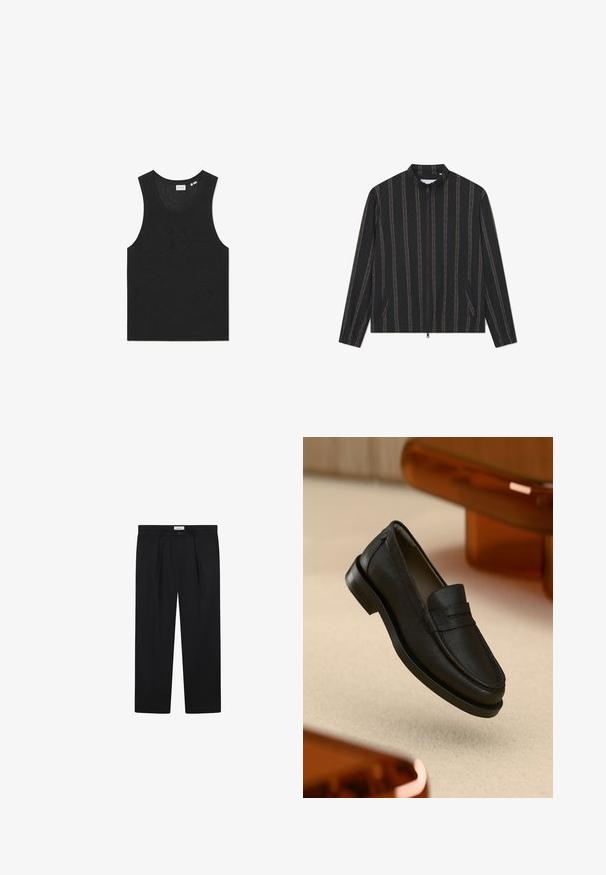 Juodas švarkas su aukštu apykakle, plonomis vertikaliomis rudos spalvos juostelėmis, užtrauktuko uždarymui, dviem šoniniais kišenėmis ir lengvos tekstūros audiniu.; Juodas tankų marškinėlis su tekstūruotu raštu, be rankovių dizainu ir apvalia iškirpte. Pagamintas iš lengvos mezginio medžiagos.; Juoda pritaikyta kelnės su priekinėmis klostėmis, tiesioginio kirpimo dizainu ir sagos uždarymu. Audinys atrodo lygus su šiek tiek blizgesio.; Juodos odos laivų bato modelis su tekstūruotu paviršiumi, pasižymintis siūlėta siūle ir guminio pado. Padėtas ant šviesios spalvos paviršiaus.