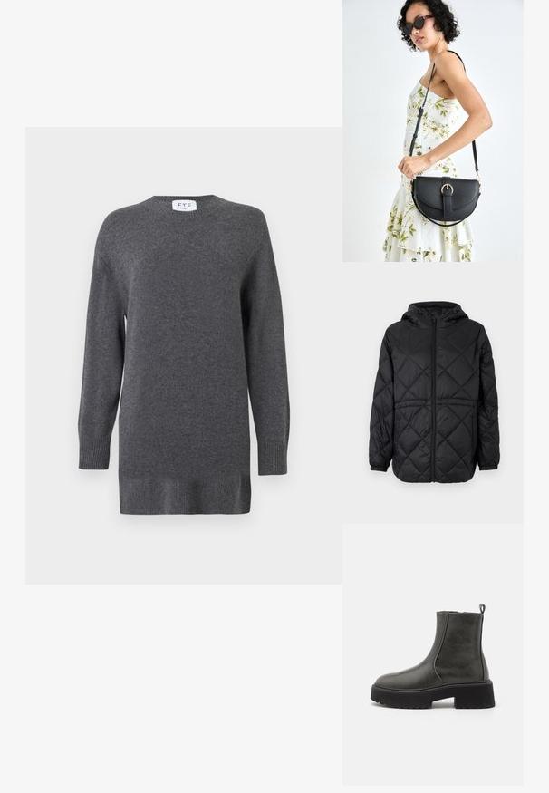 Fekete steppelt pufi dzseki kapucnival, elöl cipzárral és elasztikus mandzsettával. Az külső szövetét vonal menti gyémántmintázat díszíti.; Szürke kötött pulóver, puha anyagból készült, kerek nyakkivágással, hosszú ujjakkal, bordázott mandzsettákkal és aljjal. Egyszerű és klasszikus dizájn.; Fekete bokacsizmák sima szintetikus felsőrésszel, elasztikus oldalbetétekkel, húzófüllel és masszív gumitalppal.; Fekete bőrtáska ívelt formával, levehető pánttal és arany színű fémrészekkel. A táskán egy csattal díszített fedél található.