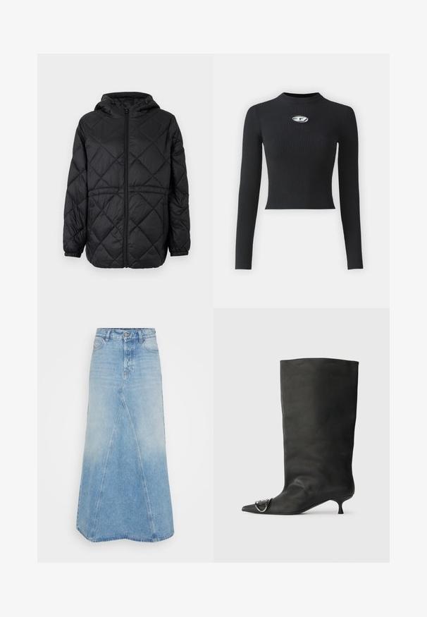 Jachetă puffer neagră, matlasată, cu glugă, fermoar frontal și manșete elastice. Prezintă un model în diamante line pe țesătura exterioară.; Cămașă neagră cu mânecă lungă, dintr-un material cu caneluri, având o siluetă ajustată și guler rotund. Prezintă un accent central din metal argintiu.; Fustă din denim albastru deschis, cu un design lung, în formă de A, având o cusătură pe față și un tiv brut. Include stilul clasic cu cinci buzunare și bucle pentru curea.; Botină neagră din piele cu vârf ascuțit, toc mic și detaliu metalic pe vârf. Textură netedă, mată pe întreaga suprafață.