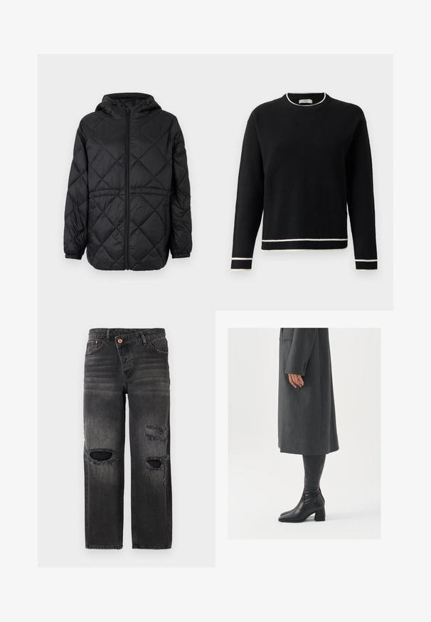 Black quilted puffer jacket with a hood, front zipper, and elastic cuffs. Features a linear diamond pattern on the outer fabric.; Black long-sleeve crewneck sweater with white trim on collar, cuffs, and hem, displayed against a plain white background.; Black denim jeans with a straight fit, featuring two distressed knee cutouts, subtle fading, and orange hardware accents.; Gray, tailored overcoat with a straight cut; paired with knee-high black leather boots featuring a square toe and chunky heel.