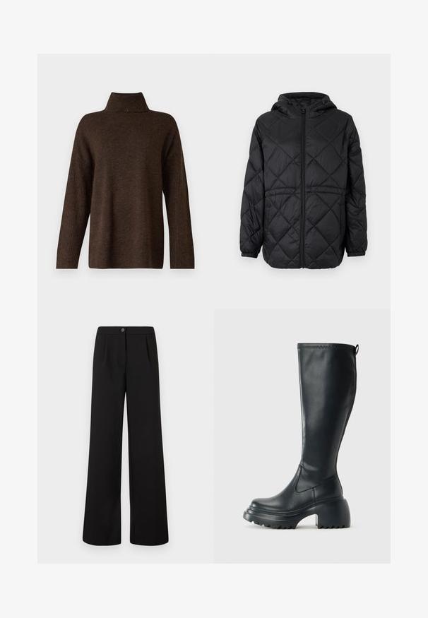 Zwarte gewatteerde pufferjack met capuchon, een rits aan de voorkant en elastische manchetten. Heeft een lineair ruitpatroon op de buitenstof.; Bruine gebreide trui met een hoge geribbelde kraag, brede mouwen en een zachte textuur. Heeft een relaxte pasvorm en geribbelde accenten op de mouwen.; Zwarte high-waist wijde broek met een sluiting aan de voorkant met knoop en rits, met subtiele plooien onder de tailleband.; Hoge zwarte leren laars met een chunky plateauzool en blokhak, voorzien van een trekband en een gestructureerd profiel op de buitenzool.