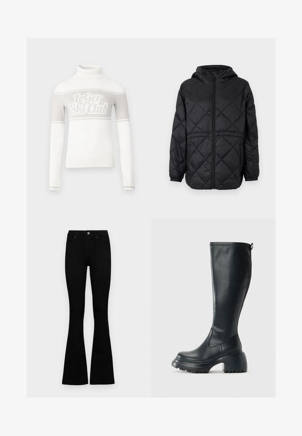 Black quilted puffer jacket with a hood, front zipper, and elastic cuffs. Features a linear diamond pattern on the outer fabric.; White turtleneck sweater featuring a light gray "Le Ger Ski Club" graphic and gray stripes across the chest. Ribbed cuffs and hem.; Black high-waist jeans with a button and zip closure, front pockets, and flared legs laid flat on a white background.; Tall black leather boot with chunky platform sole and block heel, featuring pull tab and textured tread on outsole.