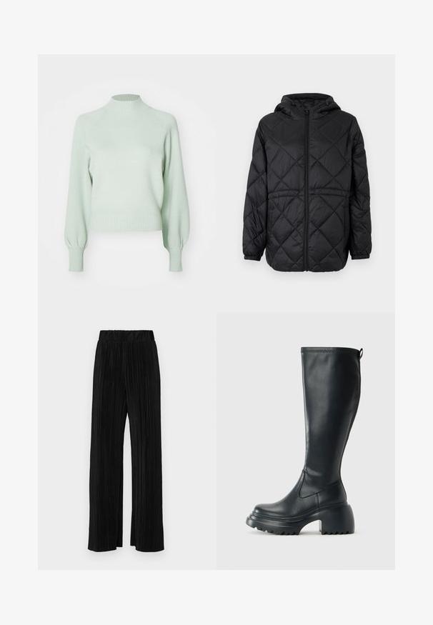 Schwarze gesteppte Daunenjacke mit Kapuze, Frontreißverschluss und elastischen Bündchen. Sie verfügt über ein lineares Rautenmuster auf dem Obermaterial.; ONLY ONLFRIDA LIFE LS HIGHNECK - Strickpullover - aqua gray; Schwarze plissierte Hose mit elastischem Bund. Verfügt über weite Hosenbeine und einen glatten, strukturierten Stoff mit vertikalen Streifen.; Hoher schwarzer Lederstiefel mit einer robusten Plateausohle und Blockabsatz, der über eine Zuglasche und ein strukturiertes Profil an der Außensohle verfügt.