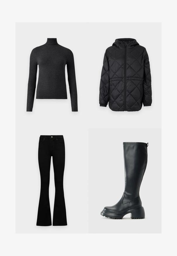 Casaco puffer preto acolchoado com capuz, fecho frontal e punhos elásticos. Apresenta um padrão de diamante linear no tecido exterior.; Suéter de gola alta em cinza escuro, feito de tecido canelado, com mangas longas e um design ajustado, apresentando um decote alto e uma cinta.; Jeans pretos de cintura alta com fecho de botão e zíper, bolsos frontais e pernas largas dispostos em cima de um fundo branco.; Bota preta de couro alta com sola de plataforma robusta e salto bloco, apresentando puxador e padrão texturizado na sola.