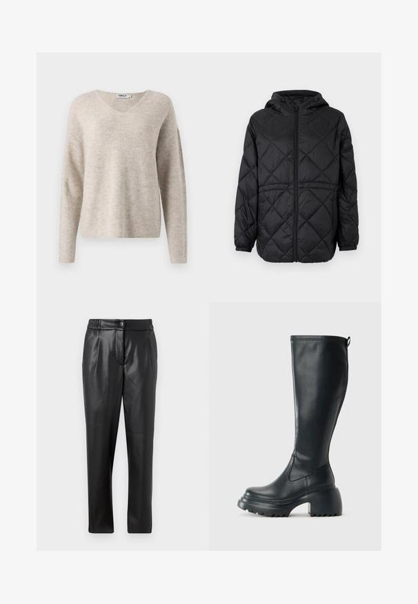 Sort quiltet pufferjakke med hætte, frontlynlås og elastiske manchetter. Har et lineært diamantmønster på det ydre stof.; Beige striktrøje med V-hals, lange ærmer og en afslappet pasform. Har et struktureret ribbet mønster. Brandlabel synlig inden i halsudskæringen.; Sorte læderbukser med en glat tekstur, lige pasform, elastisk talje og en lynlåslukning foran; plisserede detaljer og tætsiddende ben.; Høj sort læderstøvle med kraftig platformssål og blokhæl, med trækstrop og tekstureret sål.