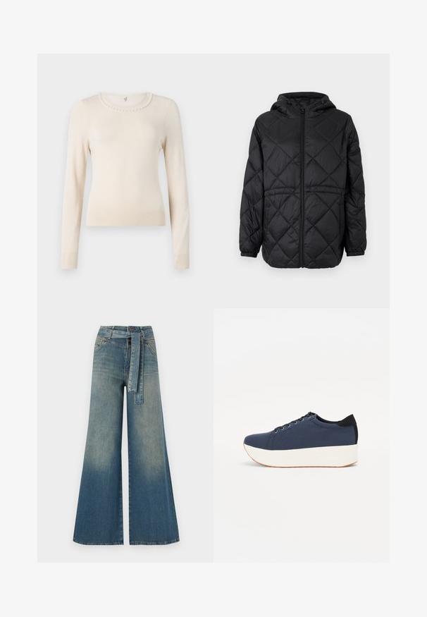 Fekete steppelt pufi dzseki kapucnival, elöl cipzárral és elasztikus mandzsettával. Az külső szövetét vonal menti gyémántmintázat díszíti.; Krém színű, hosszú ujjú pulóver kerek nyakkal, gyöngy díszítéssel a gallér körül, valamint bordázott mandzsettákkal és aljjal. Puha tapintású.; Bőszárú farmernadrág, világos és sötétkék árnyalatokkal, magas derekú, övgyűrűkkel és a nadrággal megegyező anyagú övvel. Textúrált farmer kivitel.; Sötétkék sportcipő, texturált szövet felsőrész, fehér platform talp, lekerekített orr és fekete sarok akcentussal. Hat fűzőlyuk található rajta.