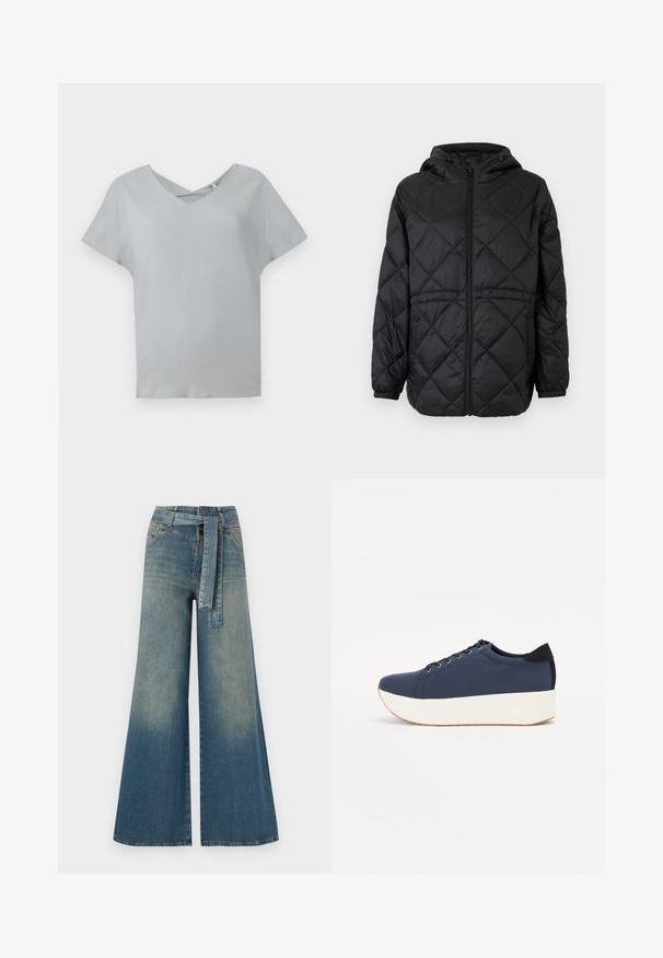 Zwarte gewatteerde pufferjack met capuchon, een rits aan de voorkant en elastische manchetten. Heeft een lineair ruitpatroon op de buitenstof.; Lichtgrijze top met korte mouwen en een V-hals, met een kruisdetaillering bij de halslijn, gemaakt van zachte stof met een gladde textuur.; Wijduitlopende denim broek met een lichte naar donkere blauwe gradient, hoge taille, riemlussen en een bijpassende stoffen riem. Gestructureerde denimafwerking.; Marineblauwe sneaker met een textuurstof bovenwerk, witte platformzool, ronde neus en zwart hakaccent. Voorzien van zes gaatjes voor veters.