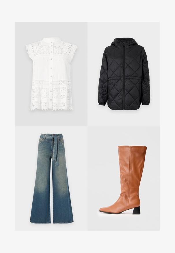 Črna prešita jakna s kapuco, sprednjim zadrgo in elastičnimi manšetami. Ima linearni diamantni vzorec na zunanjosti.; Bela bluzica s kratkimi, kapami rokavi, ki vsebuje čipkast detajl in gumbasto zapiranje spredaj. Teksturna tkanina in valovit rob dodajata vizualno zanimivost.; Široke jeans hlače z gradientom od svetlo do temno modre, visokim pasom, zankami za pas in pasom iz istega materiala. Tekstura denim končnica.; Visoka rjava usnjena čizma z nizko črno blok peto in rahlo koničastim nosom, prikazana s strani na beli podlagi.