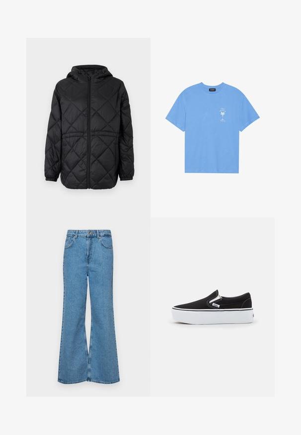 Veste enveloppante matelassée noire avec capuche, fermeture éclair à l'avant et poignets élastiques. Présente un motif en losanges linéaires sur le tissu extérieur.; T-shirt en coton bleu clair avec un col rond. Présente un graphique blanc d'un palmier et un texte sur la zone supérieure gauche de la poitrine. Manches courtes.; Jean flare bleu clair en denim, avec une taille haute, cinq poches et une fermeture à un bouton. Texture douce avec une finition décolorée.; Chaussure slip-on noire en toile avec une semelle en caoutchouc blanc, dotée d'accents élastiques sur les côtés et de coutures contrastées. Logo de la marque visible sur le côté.