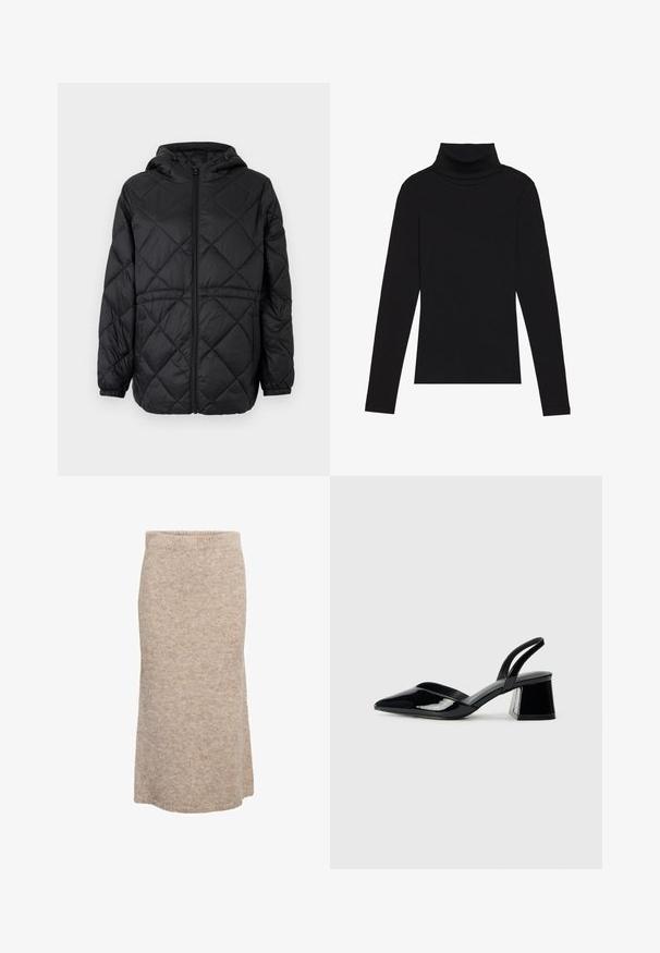 Musta vuorattu puffertakki hupulla, edessä vetoketjulla ja joustavuilla manšeteilla. Ulkopinnassa on lineaarinen timanttikuvio.; Musta poolalla pitkähihaisen pusero, joka on valmistettu ribbikankaasta, tarjoaa muotoilevan leikkauksen, jossa on korkea kaula-aukko eikä kuvioita tai koristeita.; Beige villahame midi, jossa on pehmeä tekstuuri, joustava vyötärö ja suora siluetti, jossa on hienovarainen heather-kuvio.; Mustat patentoitu nahkakengät, joissa on säären takaosa ja terävä kärki, sekä geometrinen palikkakorko. Sisältää tyylikkään, minimalistisen muotoilun ja sileän pinnan.