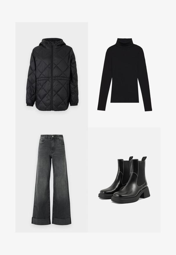 Črna prešita jakna s kapuco, sprednjim zadrgo in elastičnimi manšetami. Ima linearni diamantni vzorec na zunanjosti.; Črna majica s puloverjem in dolgimi rokavi, izdelana iz rebraste tkanine, ima prilegan kroj s visokim ovratnikom in brez vzorcev ali okrasnih elementov.; Visoko pasen črni široki jeans z zavihki na robovih, sprednjim gumbom in žepi, prikazani na enostavni svetli ozadju.; Črne usnjene Chelsea škornje s širokim petami, elastičnimi stranskimi ploščami in kontrastnim belim šivanjem. Teksturirana površina.