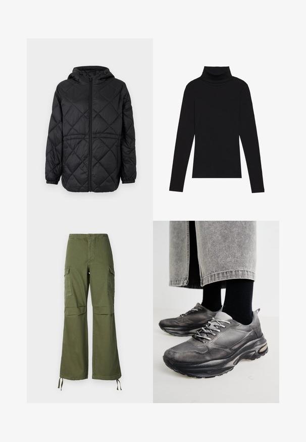 Črna prešita jakna s kapuco, sprednjim zadrgo in elastičnimi manšetami. Ima linearni diamantni vzorec na zunanjosti.; Črna majica s puloverjem in dolgimi rokavi, izdelana iz rebraste tkanine, ima prilegan kroj s visokim ovratnikom in brez vzorcev ali okrasnih elementov.; Olive zelene cargo hlače iz bombaža, ki imajo široko nogavico, dve stranski žepki in nastavljive vezi na robu.; Črne in sive športne čevlje imajo mrežast zgornji del, debele podplate in vezalke. Imajo zaobljen nos in opazne podrobnosti oblazinjenja.