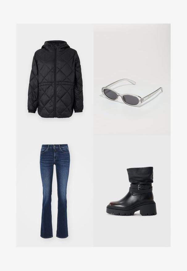 Veste enveloppante matelassée noire avec capuche, fermeture éclair à l'avant et poignets élastiques. Présente un motif en losanges linéaires sur le tissu extérieur.; T-shirt blanc court en coton avec des manches courtes, un col rond et un ourlet droit, présentant une texture lisse et un design minimal.; Jeans évasés bleu marine en denim, avec un design classique à cinq poches, fermeture éclair à l'avant et bouton. Texture lisse et taille mi-haute.; Bottine en cuir noir avec une tige décontractée, détail de boucle et semelle épaisse et robuste. Elle présente un bout rond et une texture lisse.; Lunettes de soleil de forme ovale, monture en plastique transparent, verres gris foncé et branches transparentes fines avec des accents de logo et un minimalisme dans les détails.