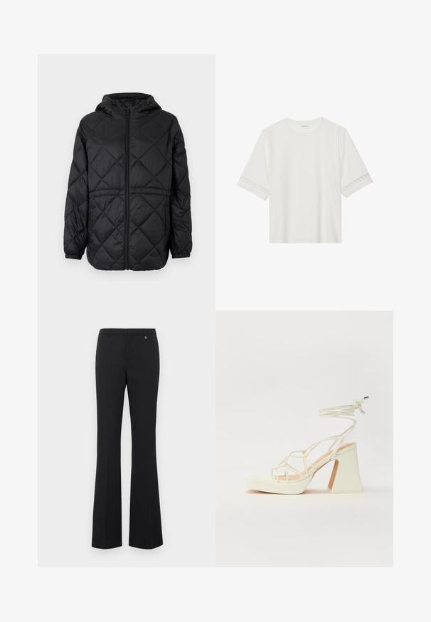 Czarna pikowana kurtka puchowa z kapturem, z przodu zapinana na zamek błyskawiczny i elastycznymi mankietami. Posiada liniowy wzór w romby na zewnętrznej tkaninie.; Biała, krótka koszulka z bawełny z dekoracyjnym koronkowym wykończeniem przy rękawach i okrągłym dekoltem.; Czarne spódnice dzwony z gładkiego materiału. Średni stan z szlufkami na pasek, gładki przód i mały złoty akcent blisko pasa.; Biała sandał na wysokim obcasie z masywnym słupkiem, z paskowym wzorem i wiązaniem przy kostce. Gładka faktura z platformą z przodu dla dodatkowej wysokości.