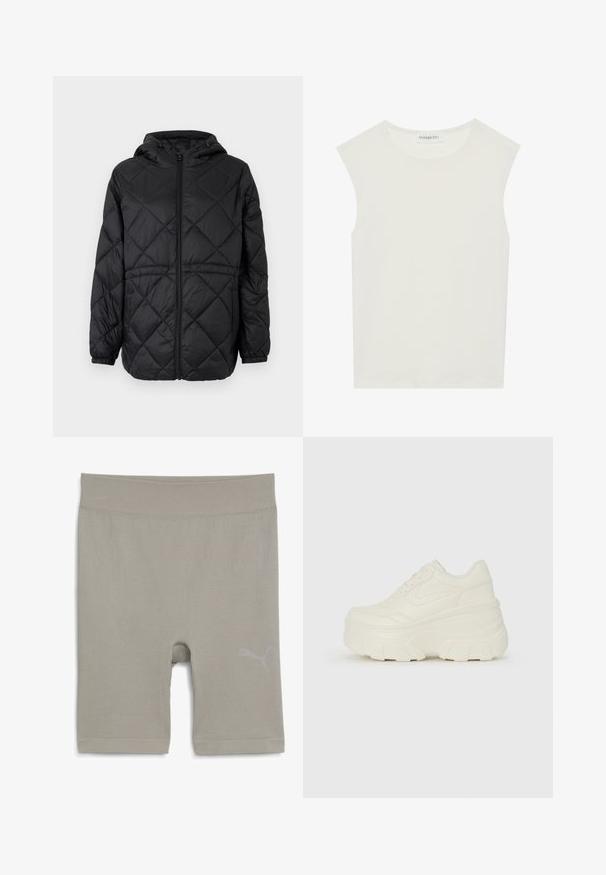 Musta vuorattu puffertakki hupulla, edessä vetoketjulla ja joustavuilla manšeteilla. Ulkopinnassa on lineaarinen timanttikuvio.; Valkoinen hihaton paita, jossa on pyöreä kaula-aukko. Valmistettu sileästä kankaasta, siinä on rento istuvuus ja minimalistinen muotoilu. Ei kuvioita tai koristeita.; Vaaleanharmaat ribattuja urheiluhousuja, joissa on sileä pinta, logolla alhaalla oikealla puolella ja keskipituiset lahkeet, jotka ulottuvat reiden puoliväliin.; Valkoiset tasapohjakengät, joissa on sileä nahkamainen päällinen, pyöristetty muoto, pehmustettu nilkkaosa ja texturoitu kumipohja, jossa on hyvin määritellyt urat.