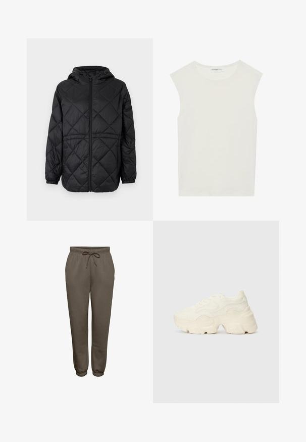 Juodas siuvinėtas pūkinis švarkas su gobtuvu, priekiniais užtrauktukais ir elastinėmis rankovėmis. Išorinis audinys turi linijinį deimantų raštą.; Balta be rankovių palaidinė su apvaliu kaklu. Pagaminta iš lygios medžiagos, ji turi laisvą siluetą ir minimalistinį dizainą. Be raštų ar akcentų.; Rudos sportiniai šortai pagaminti iš minkštos medžiagos, su elastingu juosmeniu ir raišteliu, bei siaurėjančiais rankovėmis ties kulkšnimis.; Masyvios baltos sportbačiai, pagaminti iš tekstūruoto tinklelio ir sintetinių medžiagų, pasižymintys storu padu ir išsamiu raštų detalizavimu šonuose.