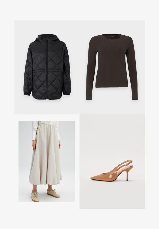 Mustmustriga puffer jakk musta värviga, kapuutsiga, ees lukuga ja elastsete mansettidega. Välimise kanga peal on sirgete ruutude muster.; Pruun, pikkade varrukatega ribaga särk, millel on ümar kaelus. Valmistatud siledast, venivast materjalist, omades formatiivset siluetti ja minimaalset dekoratiivsust.; Helebeež, põlvekohale ulatuv seelik, mis on valmistatud tekstuursest kangast, elastse vöökohtaga, koos tan värvi tossudega, et luua lõ relaxed välimus.; Küüntega slingback konts, mis on valmistatud siledast ja läikivast tan värvi materjalist. Omab kaarjat lõigatud disaini ja õhukest stiletto kontsa. Hõbedane pandla detail.