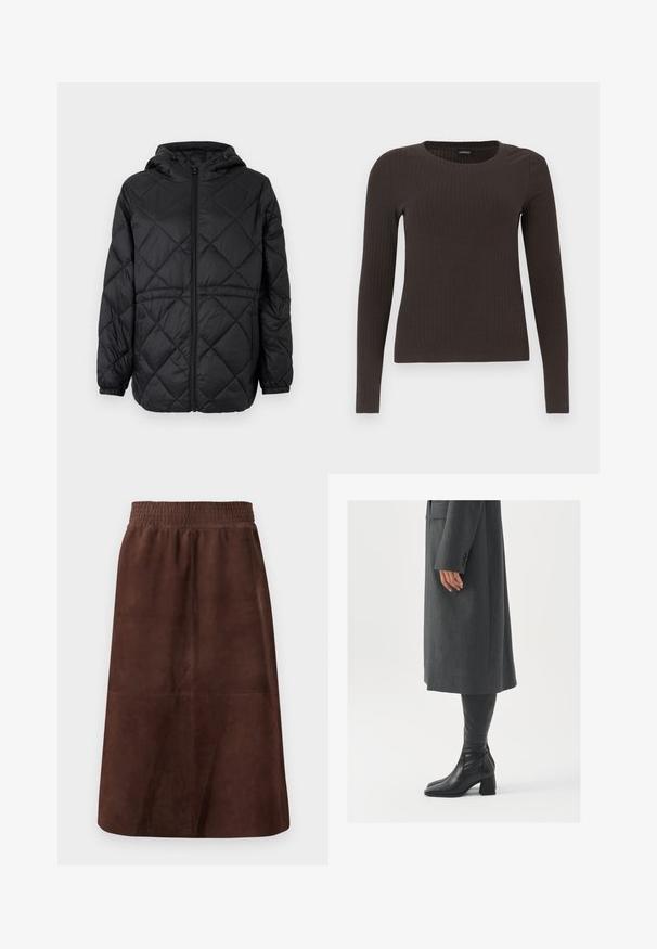 Jachetă puffer neagră, matlasată, cu glugă, fermoar frontal și manșete elastice. Prezintă un model în diamante line pe țesătura exterioară.; Top ribbed, de culoare maronie, cu mâneci lungi și gât rotund. Fabricat dintr-un material neted și elastic, cu un croi ajustat și detalii minime.; Fustă din suede maro, cu talie elastică, formă în A, textură netedă și fără modele sau accesorii vizibile.; Palton gri, croit cu un croi drept; asortat cu cizme din piele neagră, până la genunchi, cu vârf pătrat și toc chunky.