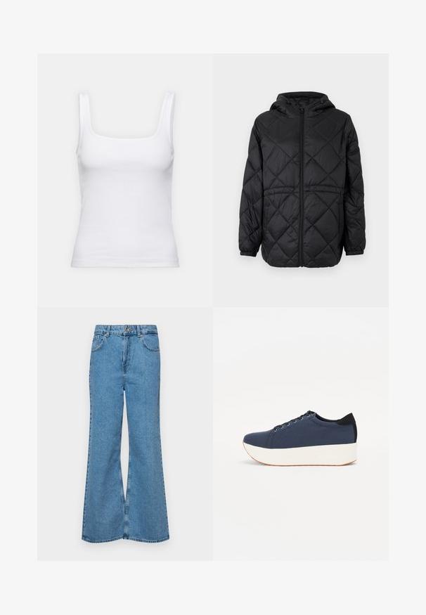 Fekete steppelt pufi dzseki kapucnival, elöl cipzárral és elasztikus mandzsettával. Az külső szövetét vonal menti gyémántmintázat díszíti.; Fehér, bordázott pánt nélküli felső négyzet alakú nyakkivágással és keskeny pántokkal, rugalmas pamut keverék anyagból készült.; Világoskék, trapézszárú farmernadrág, magas derékkal, öt zsebbel és egy gombos záródással. Puha tapintású, magasított effektusú anyag.; Sötétkék sportcipő, texturált szövet felsőrész, fehér platform talp, lekerekített orr és fekete sarok akcentussal. Hat fűzőlyuk található rajta.