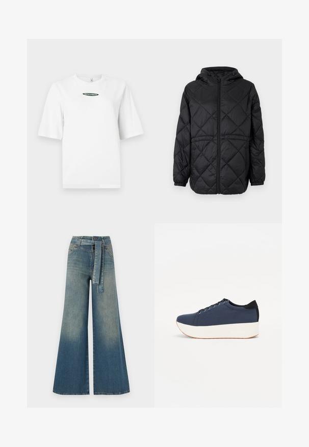 Jachetă puffer neagră, matlasată, cu glugă, fermoar frontal și manșete elastice. Prezintă un model în diamante line pe țesătura exterioară.; Tricou alb cu mâneci scurte, realizat din bumbac, având un logo verde "RIPE&FRESH" centrat pe piept într-un design oval.; Pantaloni din denim largi, cu un gradient de la albastru deschis la albastru închis, talie înaltă, bucle pentru curea și o curea din același material. Finisaj texturat din denim.; Sneaker albastru închis, cu un material texturat pe partea superioară, talpă platformă albă, vârf rotunjit și accent de călcâi negru. Dispune de șase găuri pentru șireturi.