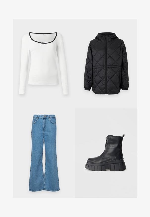Giacca a vento trapuntata nera con cappuccio, zip frontale e polsini elastici. Presenta un motivo a rombi lineari sul tessuto esterno.; Camicia bianca a maniche lunghe con scollatura quadrata, rifiniture nere e un piccolo dettaglio a fiocco nero al centro. Tessuto a coste testurizzato.; Jeans svasati di un blu chiaro, realizzati in denim, con vita alta, cinque tasche e chiusura a un bottone. Morbido al tatto con una finitura scolorita.; Stivale alla caviglia in pelle nera con suola piatta spessa e scanalata e cerniera laterale, presentato su uno sfondo grigio neutro.