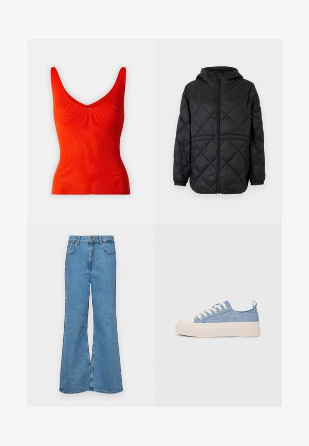 Jachetă puffer neagră, matlasată, cu glugă, fermoar frontal și manșete elastice. Prezintă un model în diamante line pe țesătura exterioară.; Top roșu cu nervuri, cu decolteu în V și bretele late, având o formă ajustată și o textură netedă.; Jeanși evazați de culoare albastru deschis, din denim, cu talie înaltă, cinci buzunare și închidere cu un singur buton. Textură moale cu un finisaj decolorat.; Sneakers din pânză de culoare albastru deschis, cu vârf și talon din cauciuc crem, având șireturi albe și un maner pe călcâi.