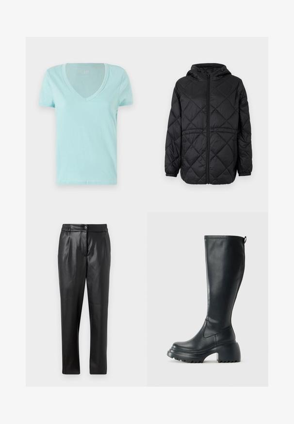 Jachetă puffer neagră, matlasată, cu glugă, fermoar frontal și manșete elastice. Prezintă un model în diamante line pe țesătura exterioară.; GAP Tricou basic - surf spray; Pantaloni din piele neagră cu o textură netedă, croială dreaptă, talie elastică și închidere cu nasture frontal; detalii plisate și picioare înguste.; Cizme lungi din piele neagră cu talpă platformă masivă și tocul pătrat, având un tab de tragere și un model texturat pe talpa exterioară.