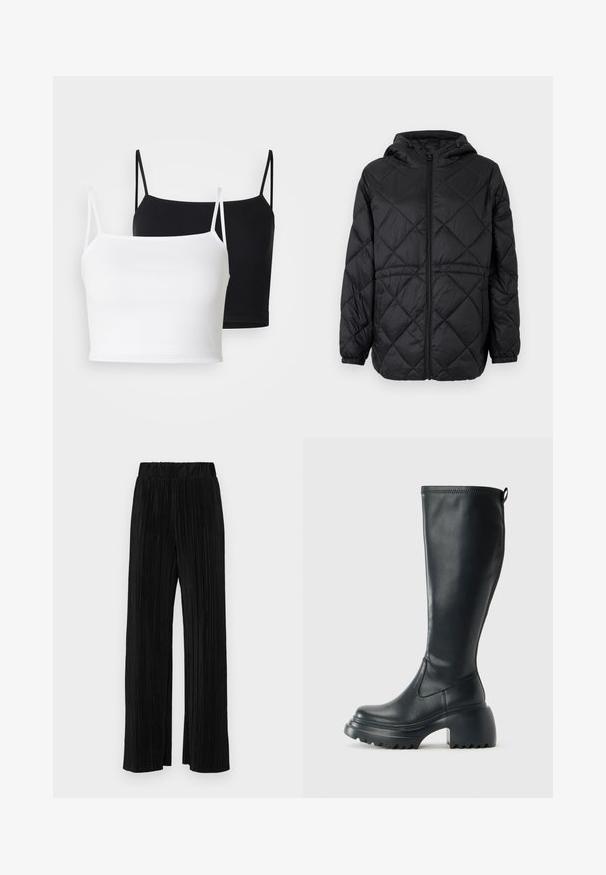 Svart quiltet pufferjakke med hette, frontlås og elastiske mansjetter. Har et lineært diamantsmønster på ytterstoffet.; To ribbede camiser i hvit og svart, med tynne justerbare stropper og en kort design. Mykt stoff med en jevn tekstur.; Sorte plisserte bukser med elastisk midje. Har vide ben og et glatt, strukturert stoff med vertikale striper.; Høy svart lærstøvel med chunky plattformsåle og blokkhelt, med trekkstang og teksturert mønster på yttersålen.