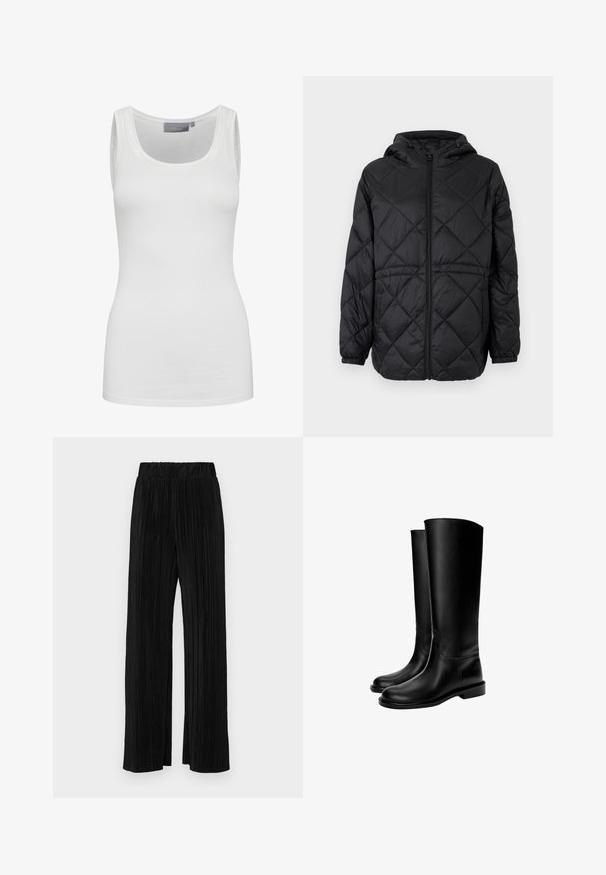 Zwarte gewatteerde pufferjack met capuchon, een rits aan de voorkant en elastische manchetten. Heeft een lineair ruitpatroon op de buitenstof.; Witte tanktop van zacht, elastisch materiaal met een ronde halslijn en smalle schouderbanden. Kenmerken zijn een gladde textuur en een aansluitend ontwerp.; Zwarte geplooide broek met een elastische tailleband. Beschikt over wijde pijpen en een glad, gestructureerd stof met verticale strepen.; Zwarte leren kniehoge laarzen met een gladde textuur, ronde neus, platte zool en minimalistisch ontwerp, met gestikte naden en zonder zichtbare hardware.