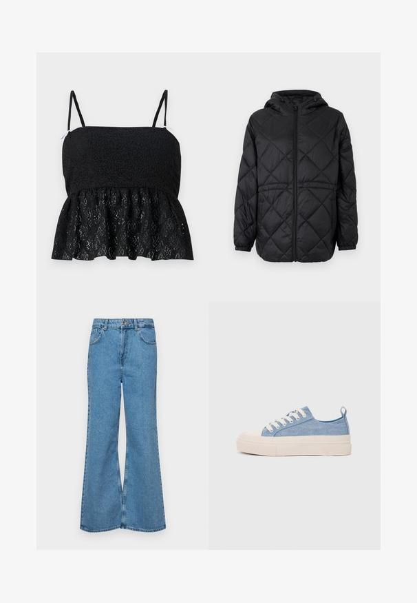 Fekete steppelt pufi dzseki kapucnival, elöl cipzárral és elasztikus mandzsettával. Az külső szövetét vonal menti gyémántmintázat díszíti.; Fekete csipkés peplum top vékony, állítható pántokkal, texturált virágmintával és szélesedő aljjal. Az alatta lévő sima bélés látható.; Világoskék, trapézszárú farmernadrág, magas derékkal, öt zsebbel és egy gombos záródással. Puha tapintású, magasított effektusú anyag.; Világoskék vászon sportcipők, krémszínű gumitippel és talppal, fehér fűzőkkel és egy húzófüllel a sarkán.