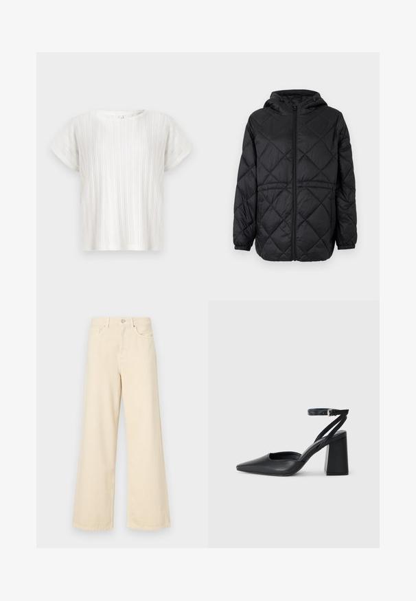 Mustmustriga puffer jakk musta värviga, kapuutsiga, ees lukuga ja elastsete mansettidega. Välimise kanga peal on sirgete ruutude muster.; Valge lühikeste varrukatega pluus, millel on vertikaalne ribakujundus ja ümmargune kaelus. Lõdva istuvusega. Pehme, kerge kangas. Nähtavat kinnitamist ei ole.; Bežid laiad teksad, mis on valmistatud puuvillast. Omab nööbilukku, vöökohakujusid ja eesmine taskuid, millel on sile ja pehme tekstuur.; Mustmustest must-käigukingad, millel on konksuga nöör ja paks konts. Ühtlane tekstuur, stiilne disain ja minimalistlik esteetika.