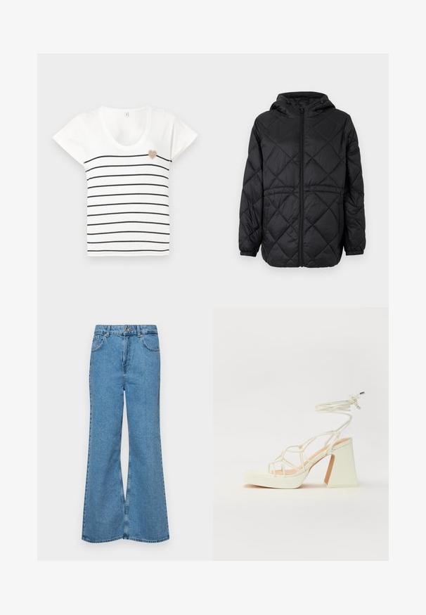 Čierna prešívaná puffer bunda s kapucňou, predným zipsom a elastickými manžetami. Obsahuje lineárny diamantový vzor na vonkajšom materiáli.; Biela tričko s čiernymi horizontálnymi pruhmi, s okrúhlym výstrihom a krátkymi rukávmi. Má béžovú výšivku v tvare srdca na hrudi.; Svetlomodré rozšírené džínsy vyrobené z denimu, s vysokým pásom, piatimi vreckami a jednopoložkovým zapínaním na gombík. Mäkká textúra s vyblednutým povrchom.; Biele sandále na vysokom opätku s hrubým podpätkom, s pruhovaným dizajnom a viazaním na členku. Hladký povrch s platformou vpredu pre zvýšenú výšku.