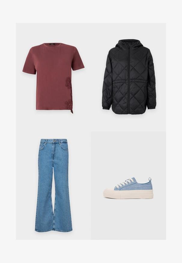 Jachetă puffer neagră, matlasată, cu glugă, fermoar frontal și manșete elastice. Prezintă un model în diamante line pe țesătura exterioară.; Tricou bordo dintr-un material moale, cu mâneci scurte și detalii intricate din dantelă pe lateral, având un accent legat la tiv.; Jeanși evazați de culoare albastru deschis, din denim, cu talie înaltă, cinci buzunare și închidere cu un singur buton. Textură moale cu un finisaj decolorat.; Sneakers din pânză de culoare albastru deschis, cu vârf și talon din cauciuc crem, având șireturi albe și un maner pe călcâi.