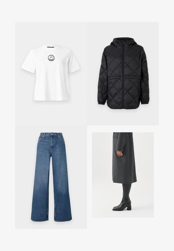 Giacca a vento trapuntata nera con cappuccio, zip frontale e polsini elastici. Presenta un motivo a rombi lineari sul tessuto esterno.; T-shirt bianco in cotone con maniche corte, scollo rotondo e una faccia sorridente nera ricamata al centro. Texture liscia.; Jeans blu a gamba larga in denim, con vita alta, chiusura frontale con bottone e classico design a cinque tasche. Texture liscia.; Cappotto grigio su misura con taglio dritto; abbinato a stivali in pelle nera al ginocchio con punta quadrata e tacco grosso.