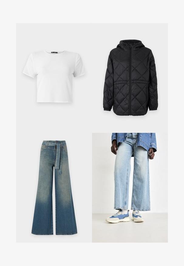 Mustmustriga puffer jakk musta värviga, kapuutsiga, ees lukuga ja elastsete mansettidega. Välimise kanga peal on sirgete ruutude muster.; Valge lühikeste varrukatega lühike T-särk ümmarguse kaelusega ja siledat tekstuuri. Tugevdatud õmblused servade ümber. Lihtne disain, ilma mustriteta.; Laiad denimpüksid, millel on hele tume sinine gradiendiefekt, kõrge vöökoht, vöökumlid ja sobivast kangast vöö. Struktureeritud denimi viimistlus.; Sinine teksapüksid, millel on laiad sääred, koos siniste ja kreemjate tossudega, millel on tekstureeritud kanga ja paelad, neutraalse tausta taustal.