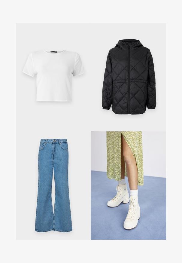 Črna prešita jakna s kapuco, sprednjim zadrgo in elastičnimi manšetami. Ima linearni diamantni vzorec na zunanjosti.; Bela skrajšana majica s kratkimi rokavi, okroglim ovratnikom in gladko teksturo. Ojačani šivi ob robovih. Preprost dizajn, brez vzorcev.; Svetlo modri razširjeni džins hlače iz denima, z visokim pasom, petimi žepi in enim gumbom za zapiranje. Mehka tekstura z blagim zbledelim videzom.; Bela visoka platformna športna obutev z vezalkami in srebrnimi očesci, v kombinaciji z belimi nogavicami do gležnja, na svetlo modri podlagi.