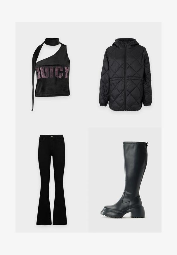 Mustmustriga puffer jakk musta värviga, kapuutsiga, ees lukuga ja elastsete mansettidega. Välimise kanga peal on sirgete ruutude muster.; Musthave mustripsi must valge mustripsi särk must staaride rahakott. Rinnakorv on veluuri kangast, millel on asümmeetriline disain ja rhinestone aksessuaarid, mis kirjutavad "JUICY" eesmise osa peale.; Mustad kõrge vöökohtadega teksad, millel on nööp ja lukuga sulgemine, esikäe taskud ja laienevad sääred, asetatud tasasele valgele taustale.; Kõrge must nahksaapad, millel on massiivne platvormi tald ja blokk-kand, varustatud tõmbenööriga ja tekstuuriga väljatõmbejääk.