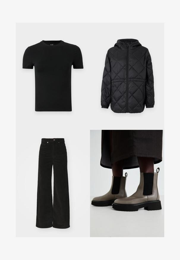 Czarna pikowana kurtka puchowa z kapturem, z przodu zapinana na zamek błyskawiczny i elastycznymi mankietami. Posiada liniowy wzór w romby na zewnętrznej tkaninie.; Czarna koszulka z krótkim rękawem wykonana z miękkiej bawełny. Posiada okrągły dekolt oraz prosty, bezszwowy design bez wzorów i akcentów.; Czarne spodnie z korduroy o szerokim kroju i wysokim stanie, z dwoma przednimi kieszeniami oraz metalowym zapięciem. Teksturowany materiał z pionowymi prążkami.; Szare botki za kostkę wykonane z teksturowanej skóry, z elastycznymi bocznymi panelami i masywną czarną podeszwą. Posiadają pętelki do łatwego zakładania.