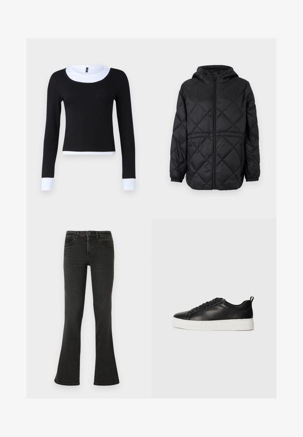 Čierna prešívaná puffer bunda s kapucňou, predným zipsom a elastickými manžetami. Obsahuje lineárny diamantový vzor na vonkajšom materiáli.; Čierny top s dlhým rukávom a rebrovanou textúrou, s bielym okrúhlym výstrihom a manžetami. Dizajn je priliehavý a skrátený v pásovej oblasti.; Čierne zvonové džínsy vyrobené z denimu. Majú vysoký pás, predné vrecká a minimalistický dizajn. Švy sú viditeľné pozdĺž švov.; Čierne nízke kožené tenisky s čiernymi šnúrkami a bielou hrubou gumovou podrážkou, zobrazené z vonkajšej strany na bielom pozadí.