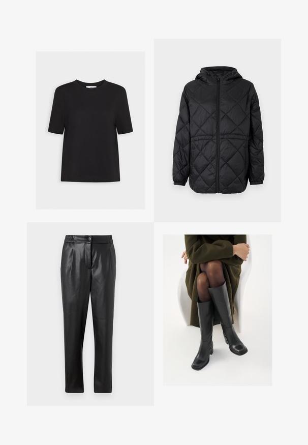 Juodas siuvinėtas pūkinis švarkas su gobtuvu, priekiniais užtrauktukais ir elastinėmis rankovėmis. Išorinis audinys turi linijinį deimantų raštą.; Juodas medvilninis marškinėliai su apvalia iškirpte, trumpomis rankovėmis ir tiesiu sijonu. Paprastas dizainas, be matomų raštų ar akcentų.; Juodos odinės kelnės su lygiu paviršiumi, tiesiu siluetu, elastinga juosta ir priekyje uždaroma mygtuku; raukiniai ir siaurėjantys kelnių šlaunys.; Juodos odinės pradžios ilgio bateliai su kvadratu formos nosimi ir bloko kulnu, demonstruojami su modeliu, sėdinčiu alyvuogių žalios spalvos švarku. Lygi tekstūra, minimalus puošimas.