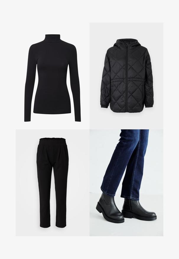 Jachetă puffer neagră, matlasată, cu glugă, fermoar frontal și manșete elastice. Prezintă un model în diamante line pe țesătura exterioară.; Cămașă neagră cu mâneci lungi și guler înalt, realizată dintr-un material moale și elastic, având un design ajustat și o construcție fără cusături pentru un aspect uniform.; Pantaloni negri, cu talie înaltă, având un tiv ondulat, realizati dintr-un material elastic și neted, cu siluetă dreaptă. Fără modele vizibile.; Bocanci negri din piele cu tălpi groase și panouri elastice pe laterale, asortați cu blugi de culoare bleumarin. Solul este de culoare deschisă.